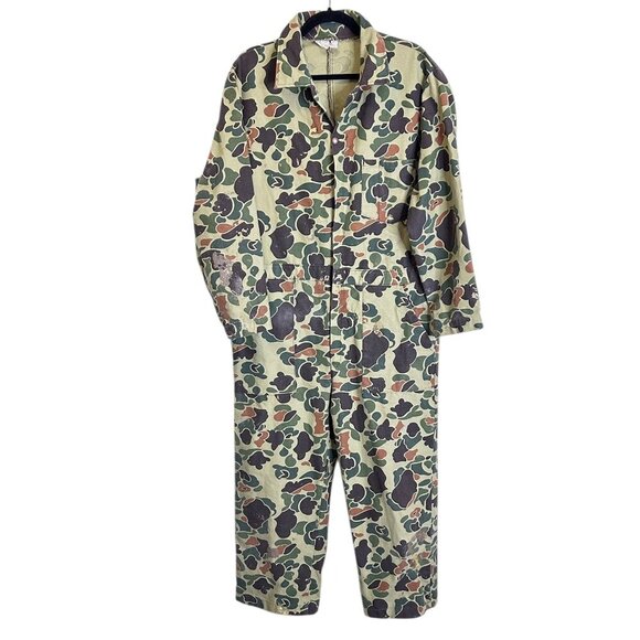 Vtg Duck Camo Canvas Coveralls Sz L Distressed One Piece Utility‎ Grunge Hunting - Picture 2 of 14